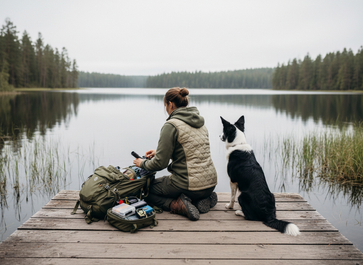 Jeune femme préparant son matériel de pêche sur un ponton