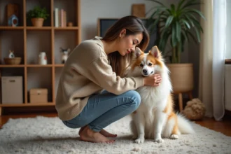 Femme et Pomsky dans un salon chaleureux