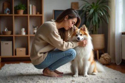 Femme et Pomsky dans un salon chaleureux