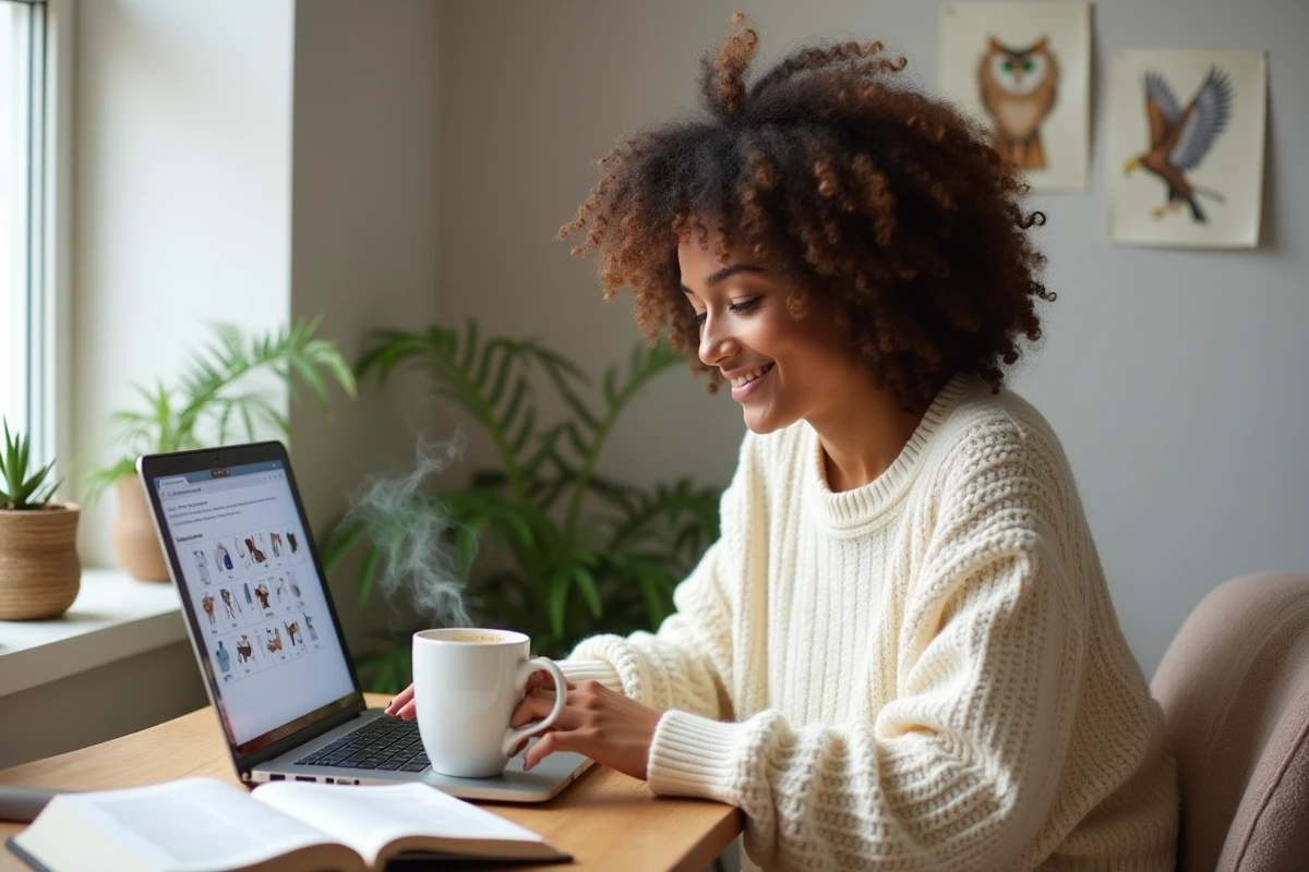 Jeune femme découvrant son animal totem sur un quiz en ligne avec des livres de symbolisme animal sur son bureau