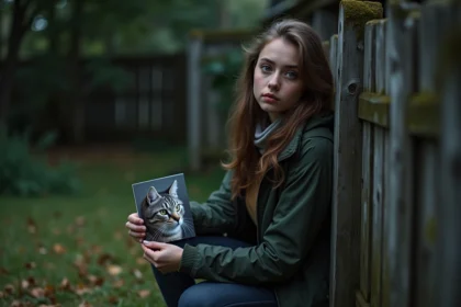 Jeune femme cherche son chat perdu dans un jardin nocturne