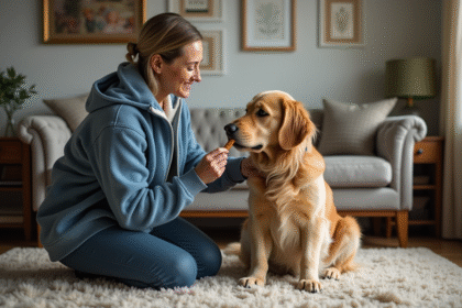Femme rassure un golden retriever dans un salon