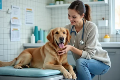 Femme rassure son chien golden retriever en clinique vétérinaire