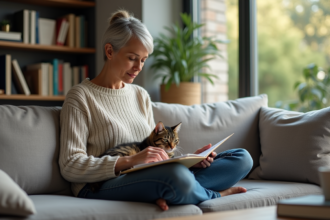 Femme relaxee lisant des documents d'assurance avec son chat