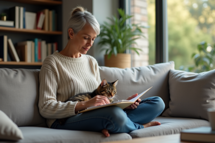 Femme relaxee lisant des documents d'assurance avec son chat
