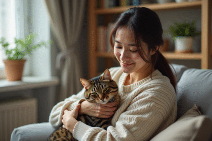 Jeune femme avec chat tabby dans un salon cosy