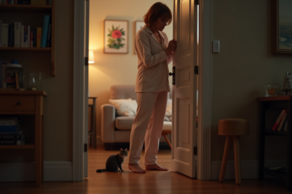 Femme en pyjama ferme la porte d'une pièce cosy avec un chat curieux