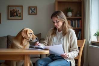 Femme et chien dans un salon cosy en train de revoir des documents