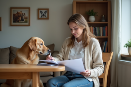 Femme et chien dans un salon cosy en train de revoir des documents