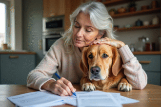 Femme assise avec son chien dans une cuisine moderne