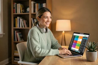 Femme utilisant un tchat en ligne sur son ordinateur portable dans un bureau à domicile cosy