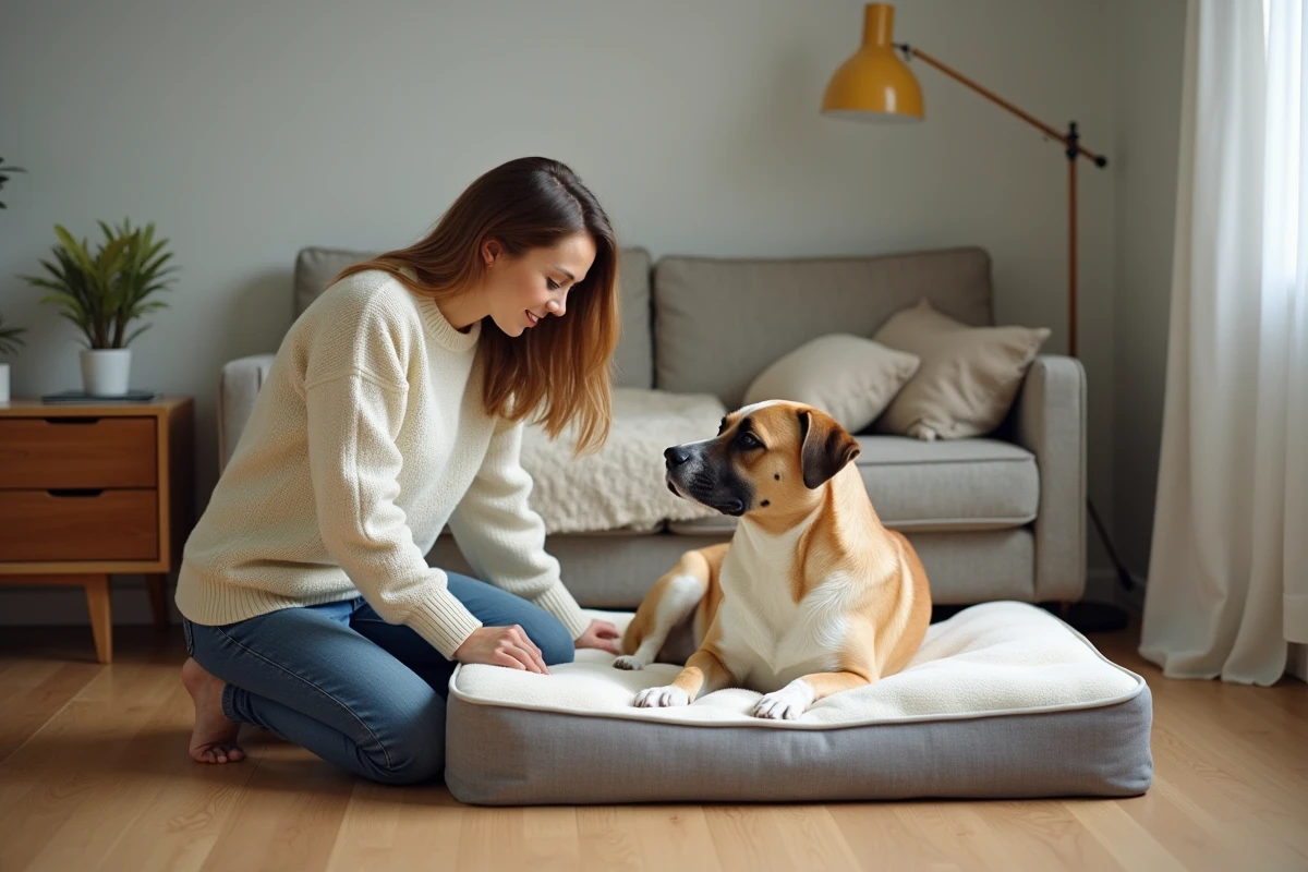 Femme testant la fermeté d'un lit pour chien XXL pas cher dans un appartement avec son grand chien à proximité