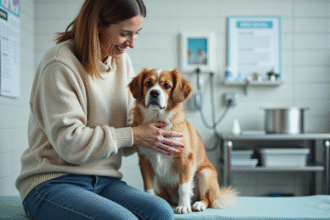 Femme souriante avec un chien dans une clinique vétérinaire