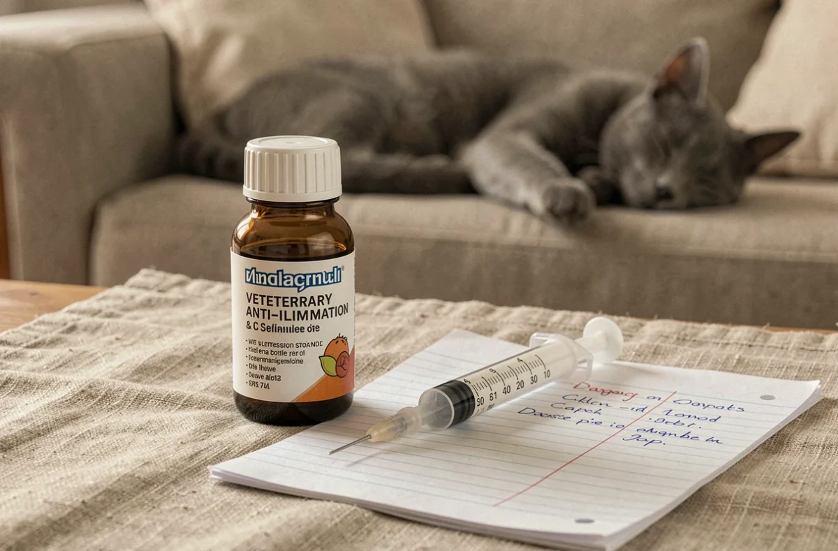 Flacon de Metacam vétérinaire, seringue doseuse et calendrier de traitement posé sur du lin avec un chat en arrière-plan