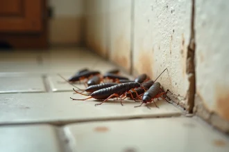 Forficules (perce-oreilles) regroupés près d'une plinthe de cuisine, gros plan réaliste montrant leurs pinces caractéristiques