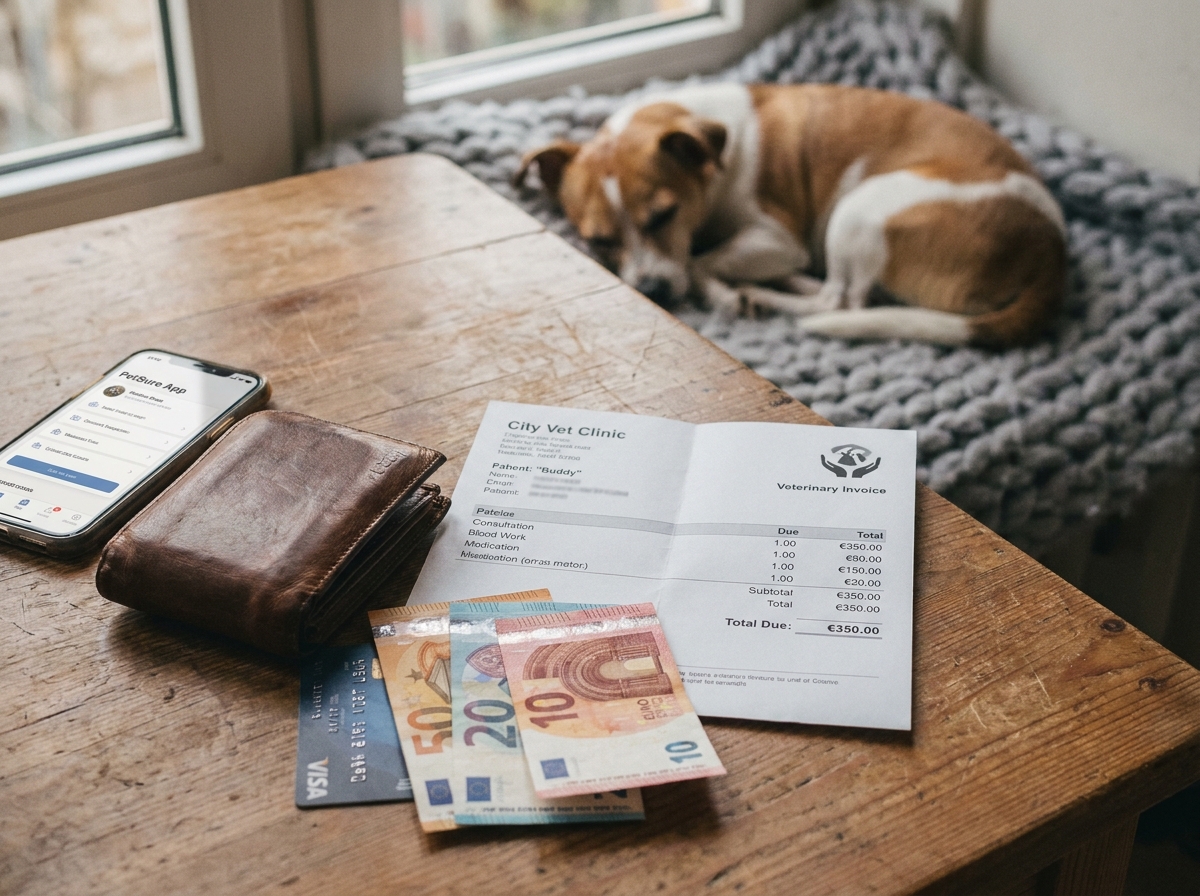 Facture vétérinaire, portefeuille et carte bancaire sur une table avec un chien malade en arrière-plan