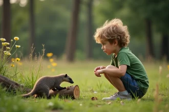 Garçon curieux observe une fourmiliere dans un parc naturel