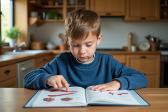 Jeune garçon pointant un livre sur un earthworm en cuisine