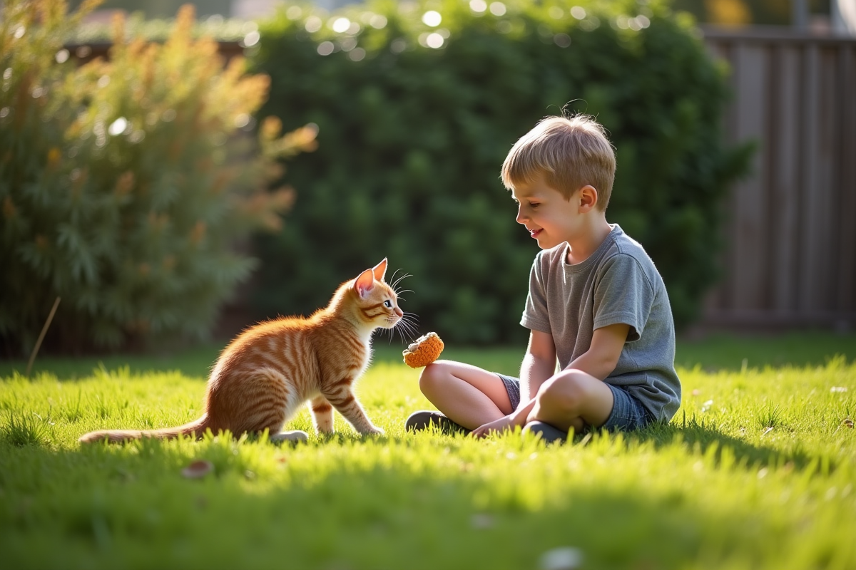 Garçon adolescent jouant avec son chat dans le jardin