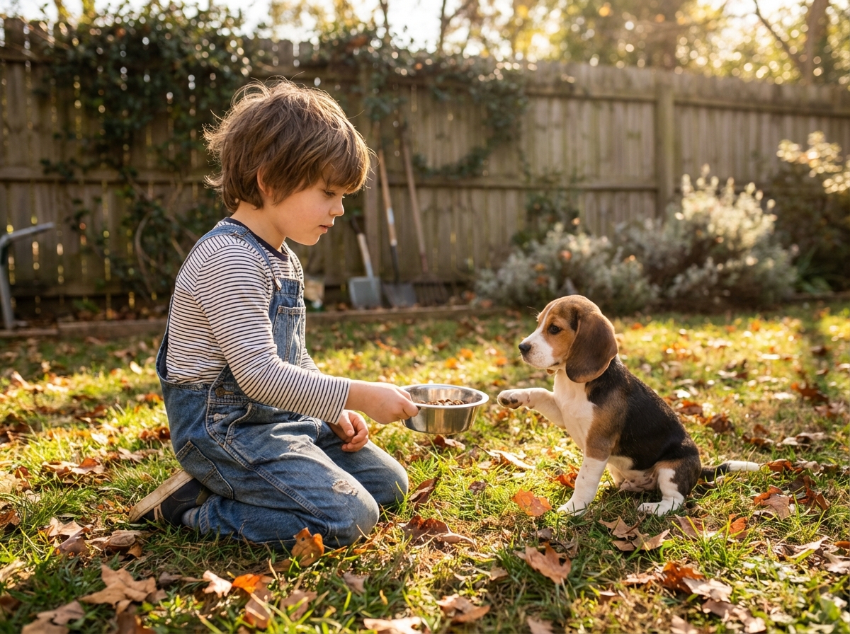 Garçon offrant nourriture à un chiot beagle dans le jardin
