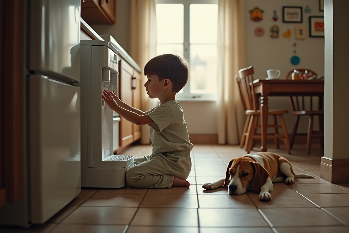 Jeune garçon vérifiant un distributeur d