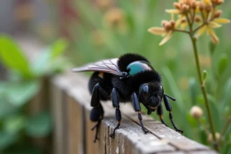 Gros insecte noir volant posé sur une clôture en bois dans un jardin, vue macro détaillée d'un bourdon charpentier
