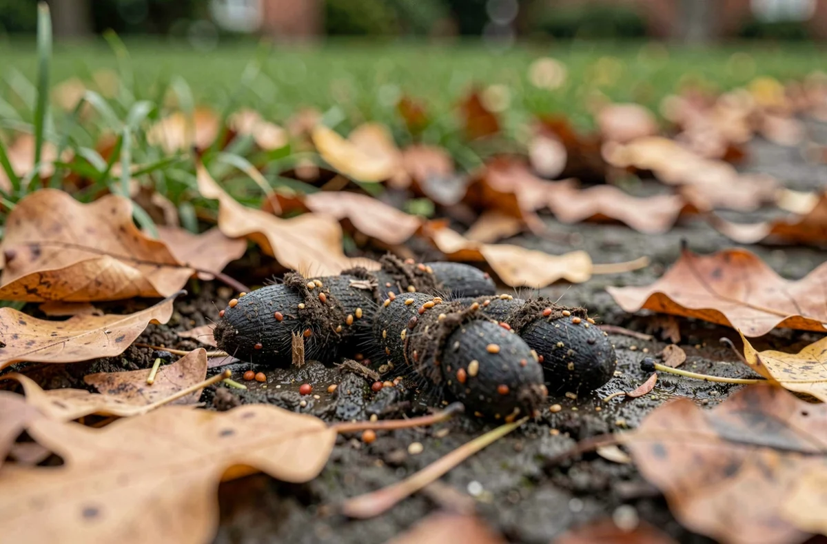 Gros plan sur des crottes de renard sur des feuilles mortes dans un jardin, montrant leur texture et contenu caractéristiques