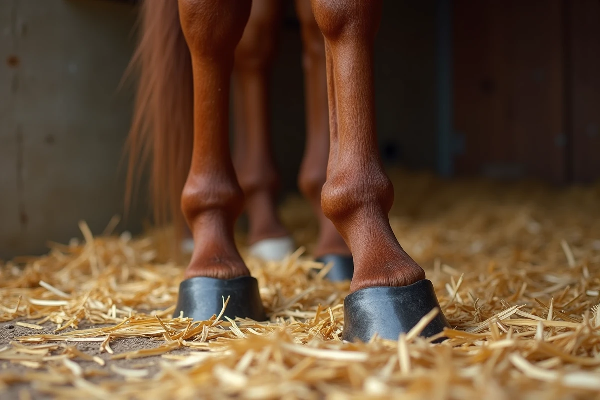 Gros plan sur le boulet et le paturon enflés d'un cheval bai couché sur la litière, signe visible d'engorgement des membres