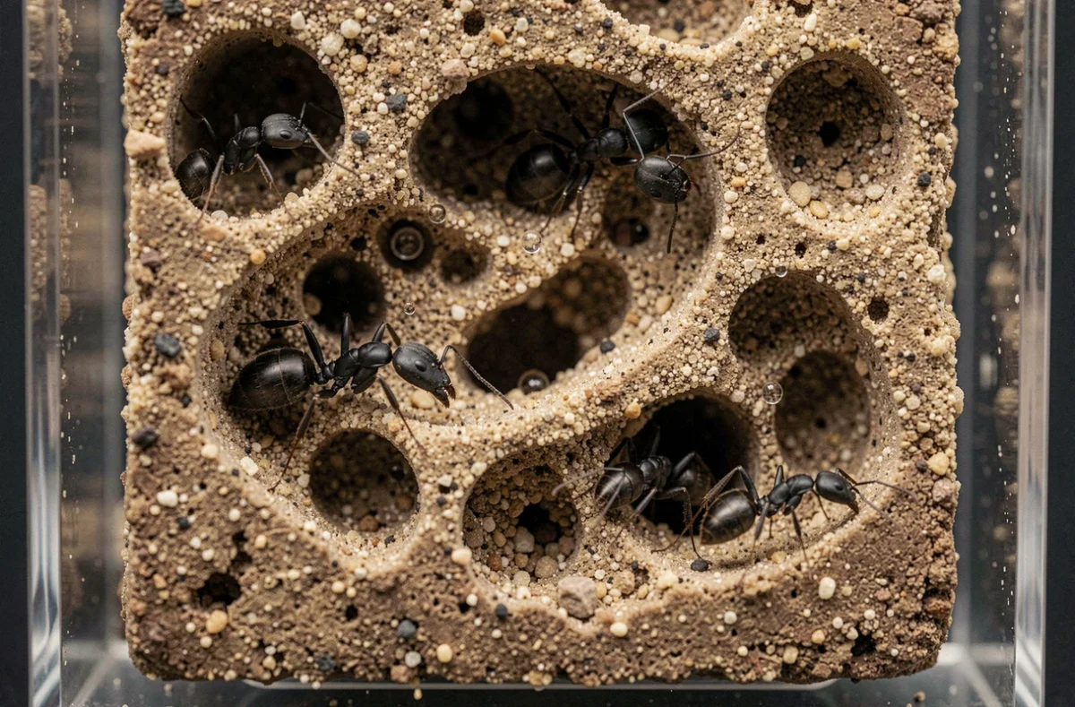Gros plan sur les tunnels creusés dans un kit fourmilière transparent avec fourmis noires transportant du sable