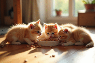 Groupe de chatons gourmands sur un sol en bois ensoleille