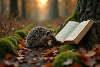 Un hérisson sur un sentier forestier automnal près d'un livre de folklore ouvert, évoquant les présages et la symbolique de cet animal