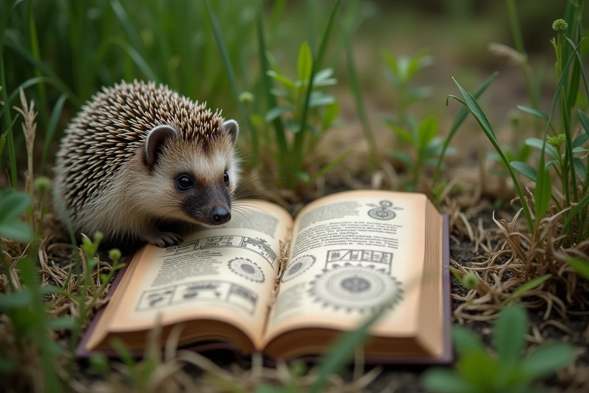 Un hérisson dans un jardin naturel entre un guide écologique sur son habitat et une page de symboles spirituels, illustrant la confusion entre symbologie et réalité écologique