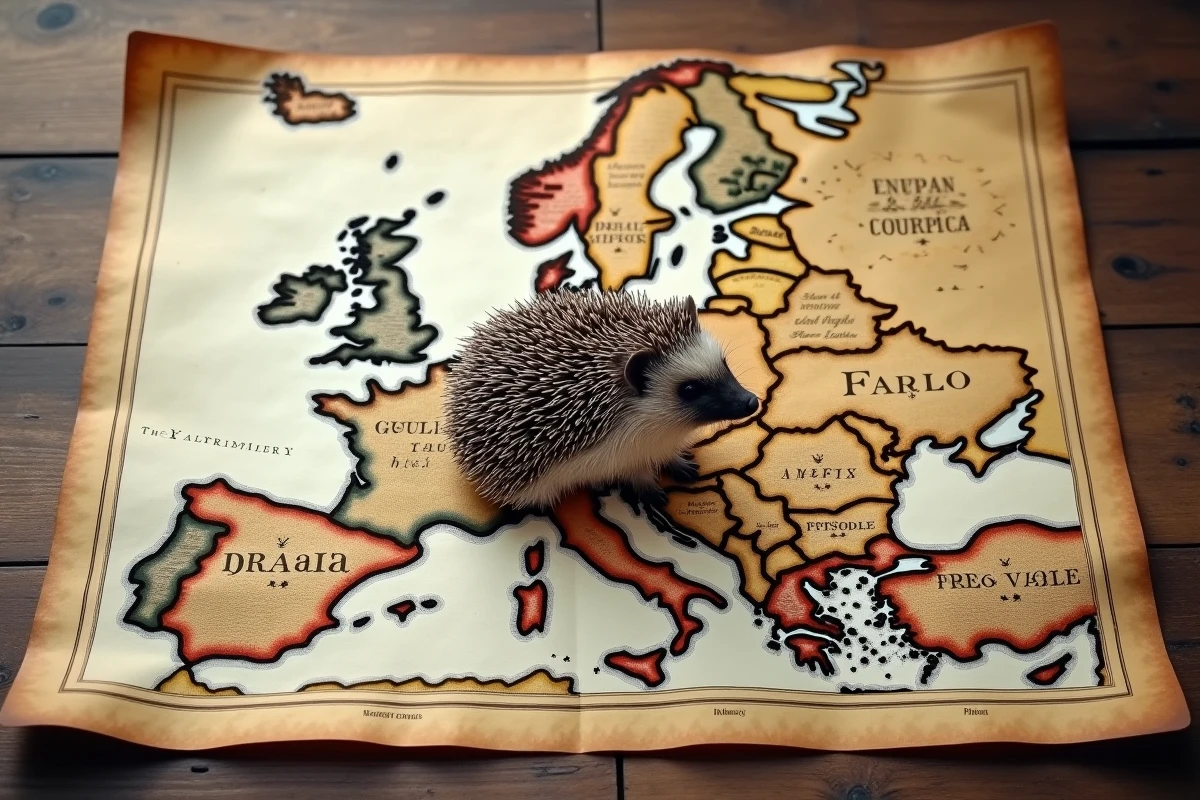 Un hérisson posé sur une carte géographique ancienne avec des annotations régionales variées, illustrant les différences de présages selon les régions et cultures