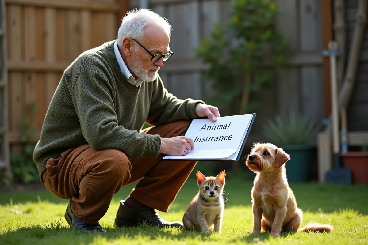 Homme âgé avec chat et chien dans le jardin ensoleillé