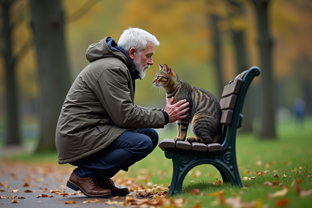 Homme avec son chat en pleine nature dans un parc