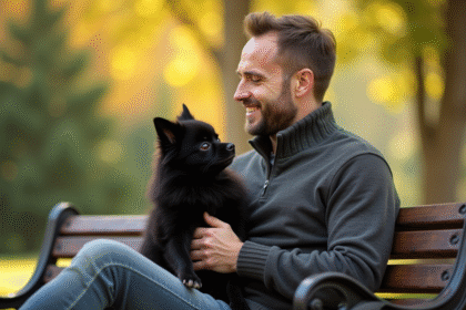 Homme souriant avec un petit pomeranian noir sur ses genoux dans un parc