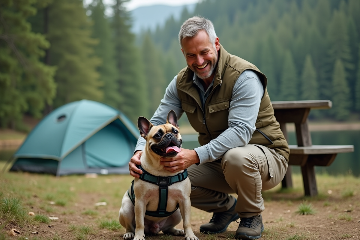 Homme avec chien près d’un lac en camping nature