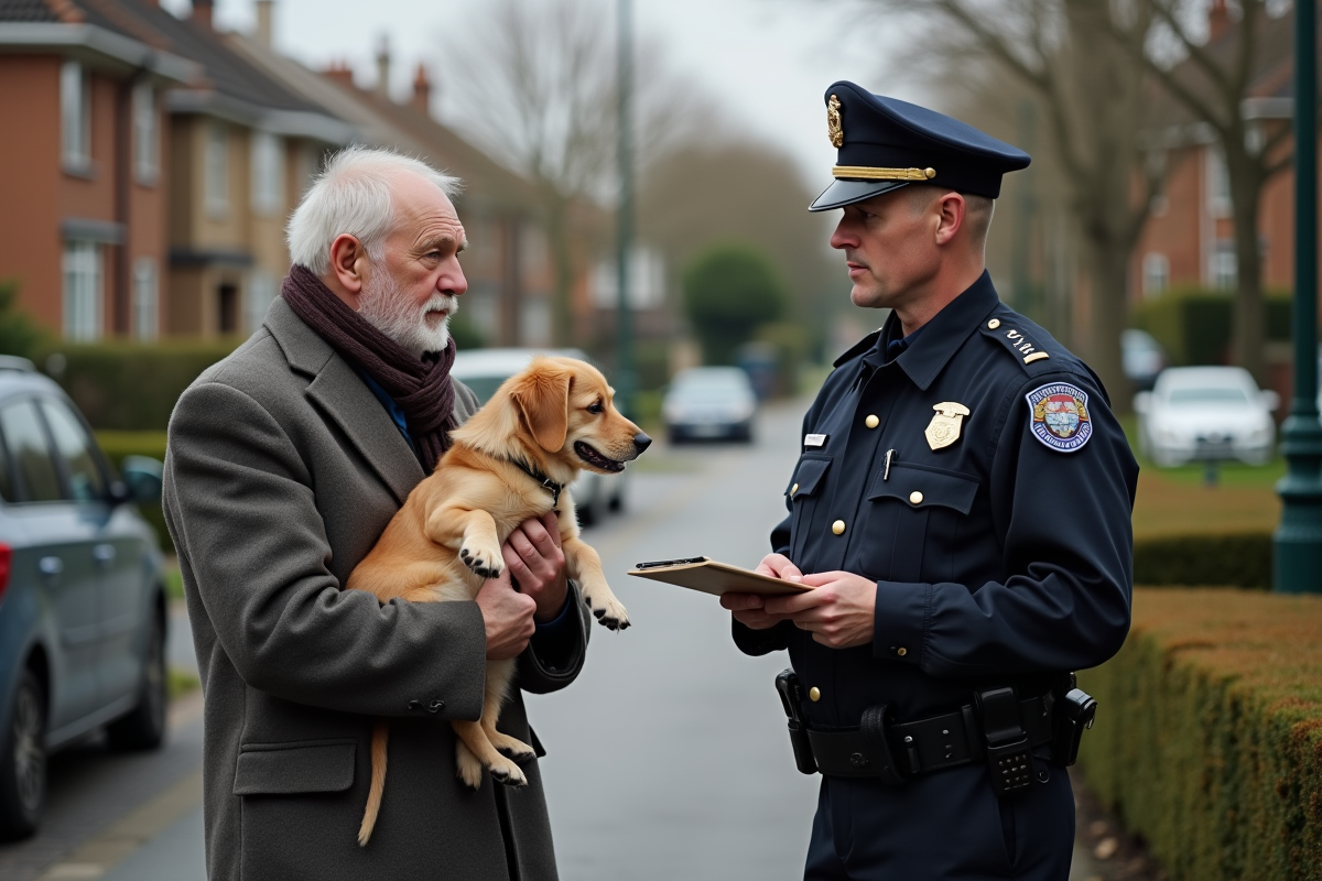 Homme âgé avec chien et policier dans un parc