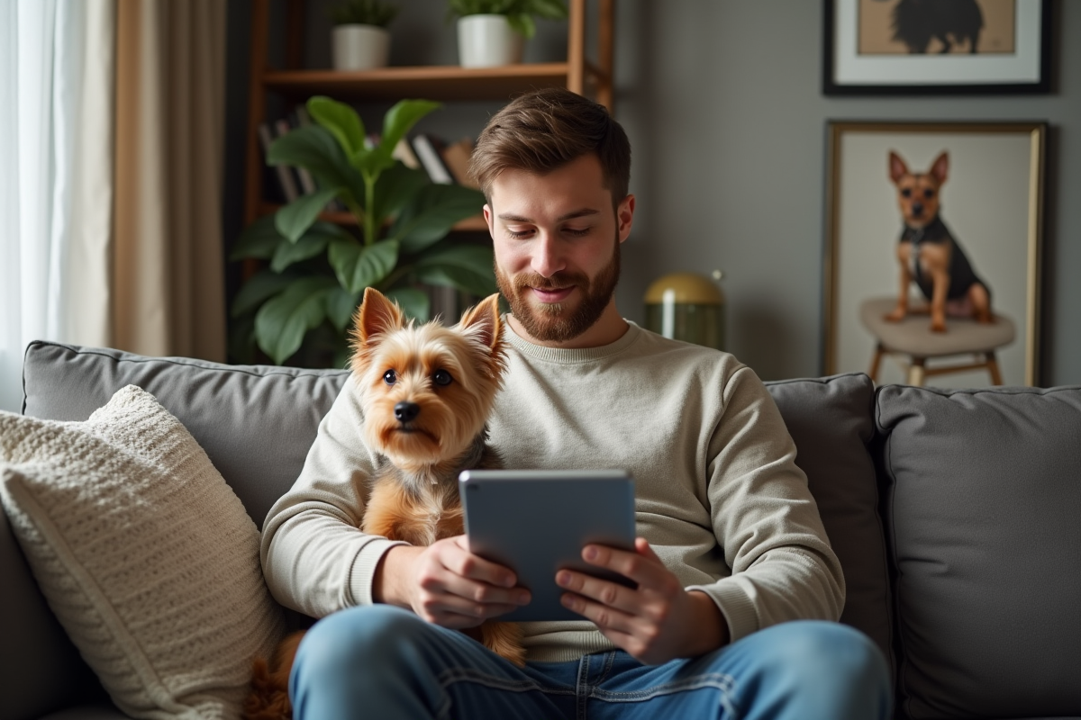 Jeune homme utilisant une tablette avec son chien à la maison