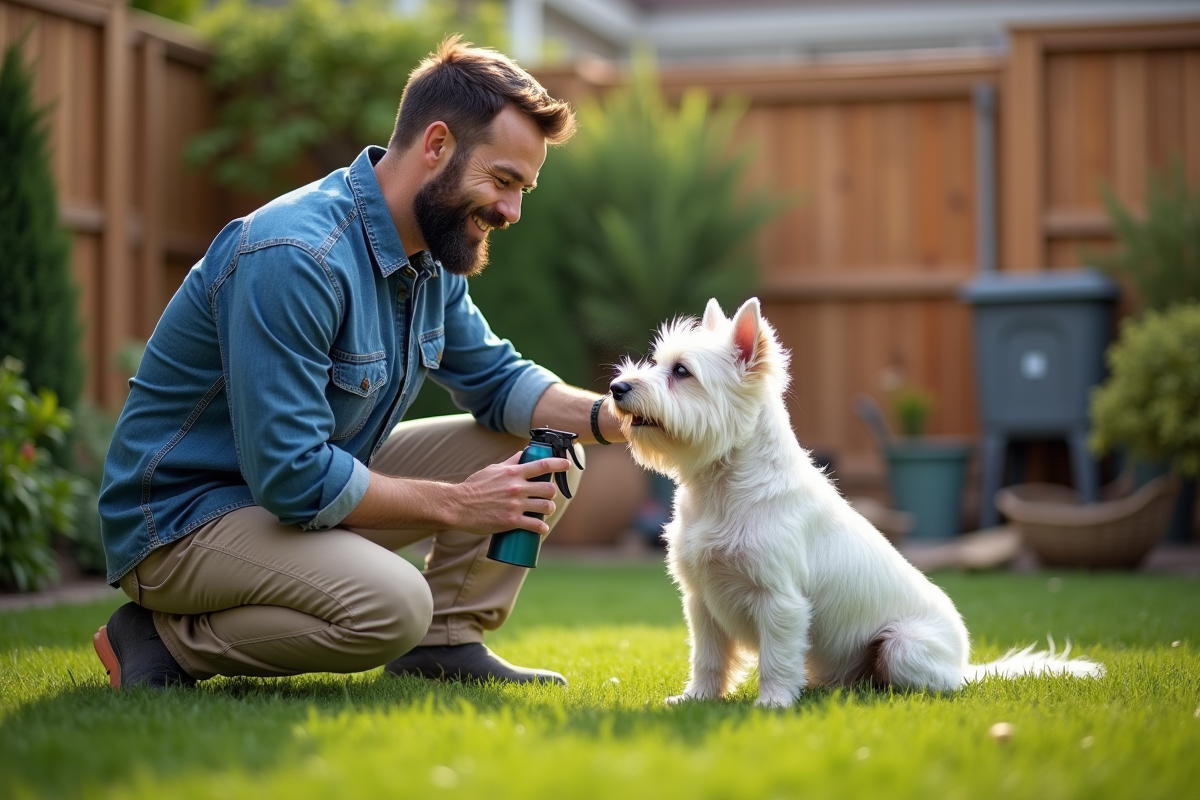 Homme avec un terrier dans un jardin en train de vaporiser un déodorant