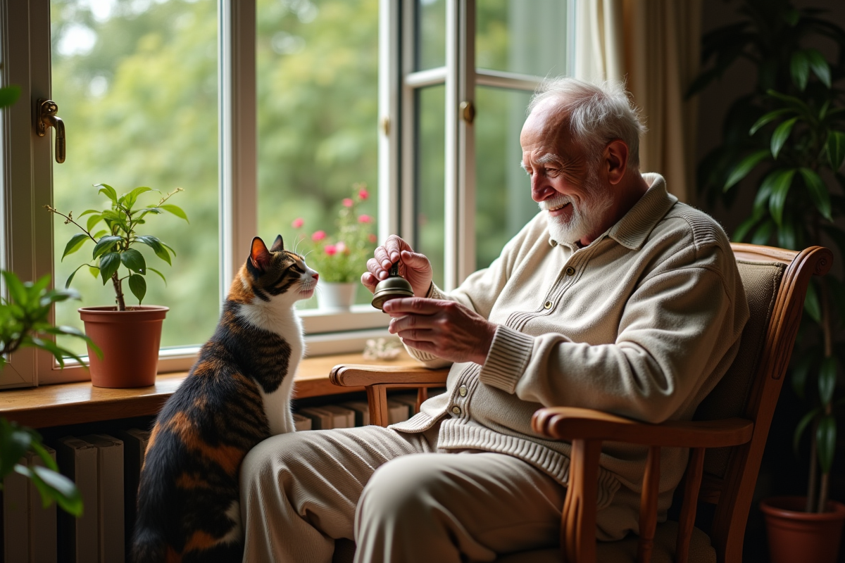 Homme âgé avec chat calico près d