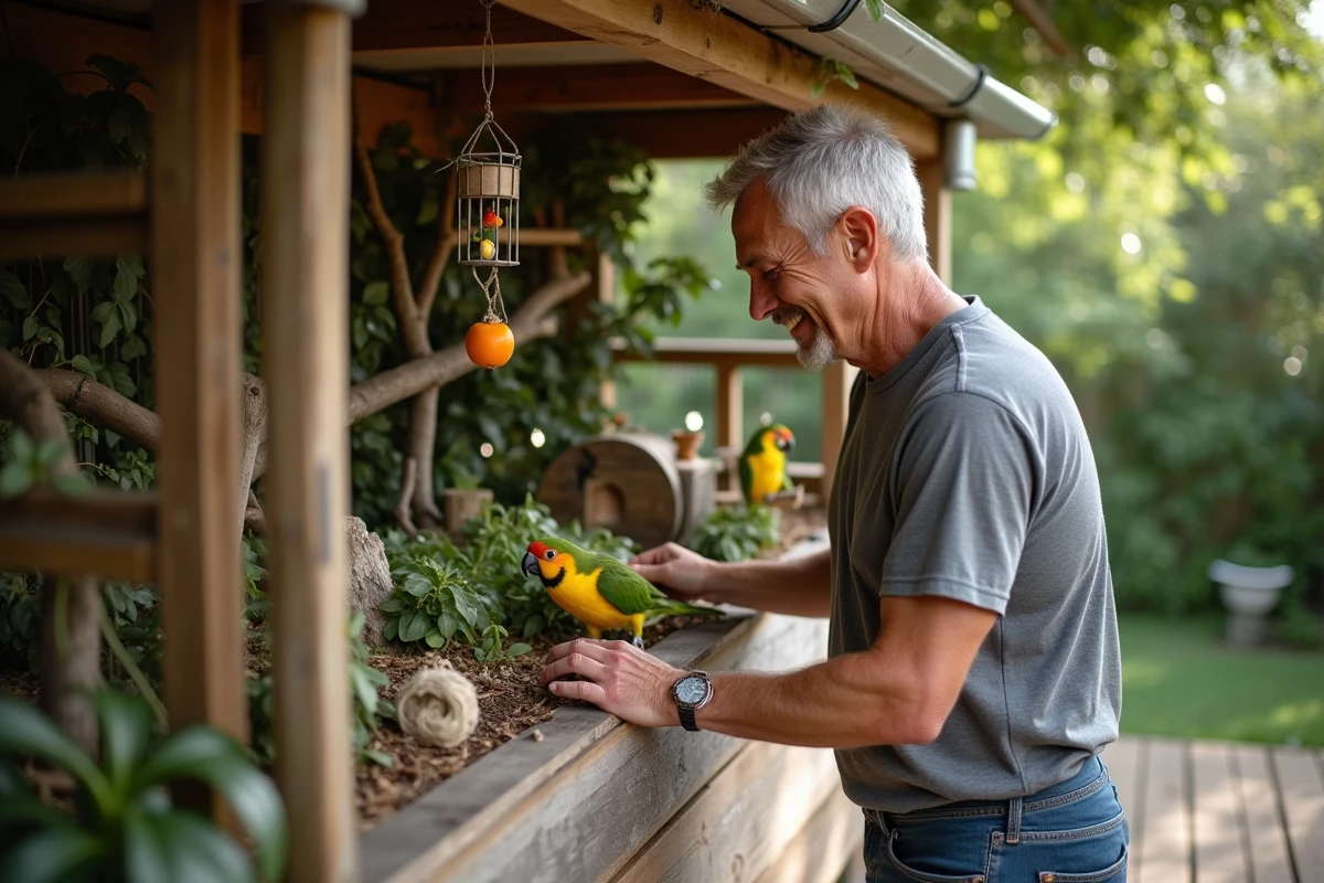 Homme arrangeant un enclos pour kakarikis dans le jardin