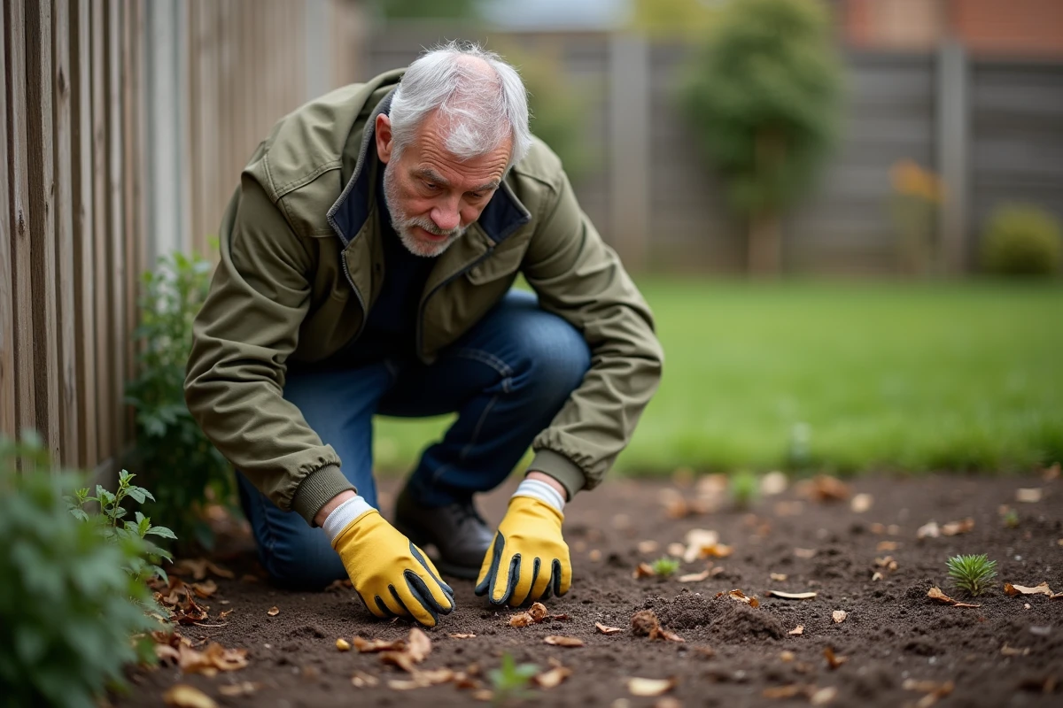 Homme examinant des déjections d'animaux nocturnes dans le jardin près d'une clôture, portant des gants de jardinage