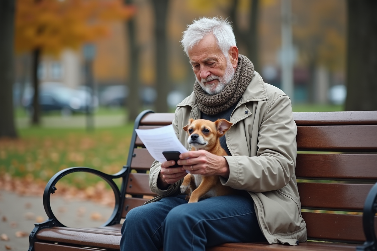 Homme âgé regardant sa facture vétérinaire dans un parc
