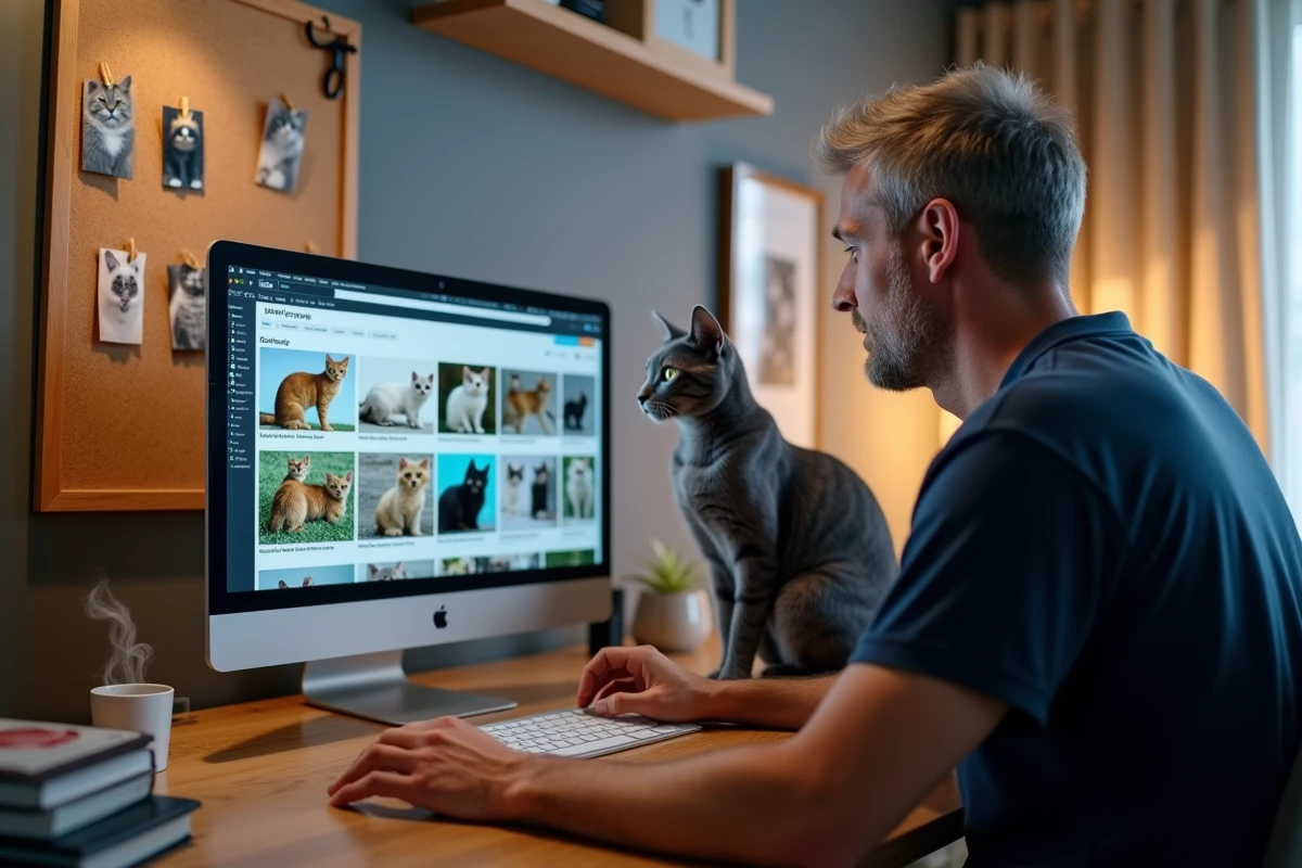 Homme passionné de chats consultant un site spécialisé en races félines sur son ordinateur de bureau