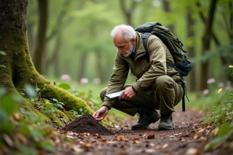 Homme observant des déjections de blaireau en forêt