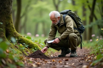 Homme observant des déjections de blaireau en forêt