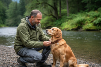 Homme avec chien au bord de la rivière en plein air