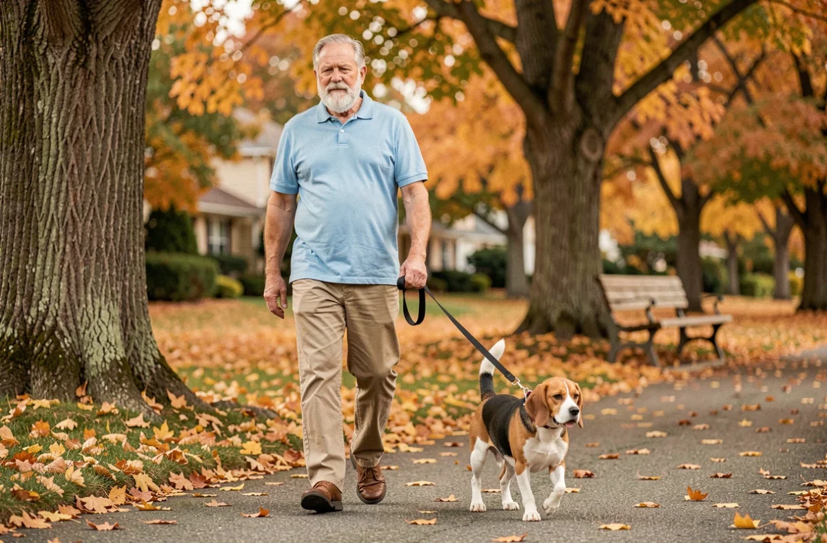 Homme senior promenant un petit beagle à poil court en laisse dans un parc résidentiel en automne
