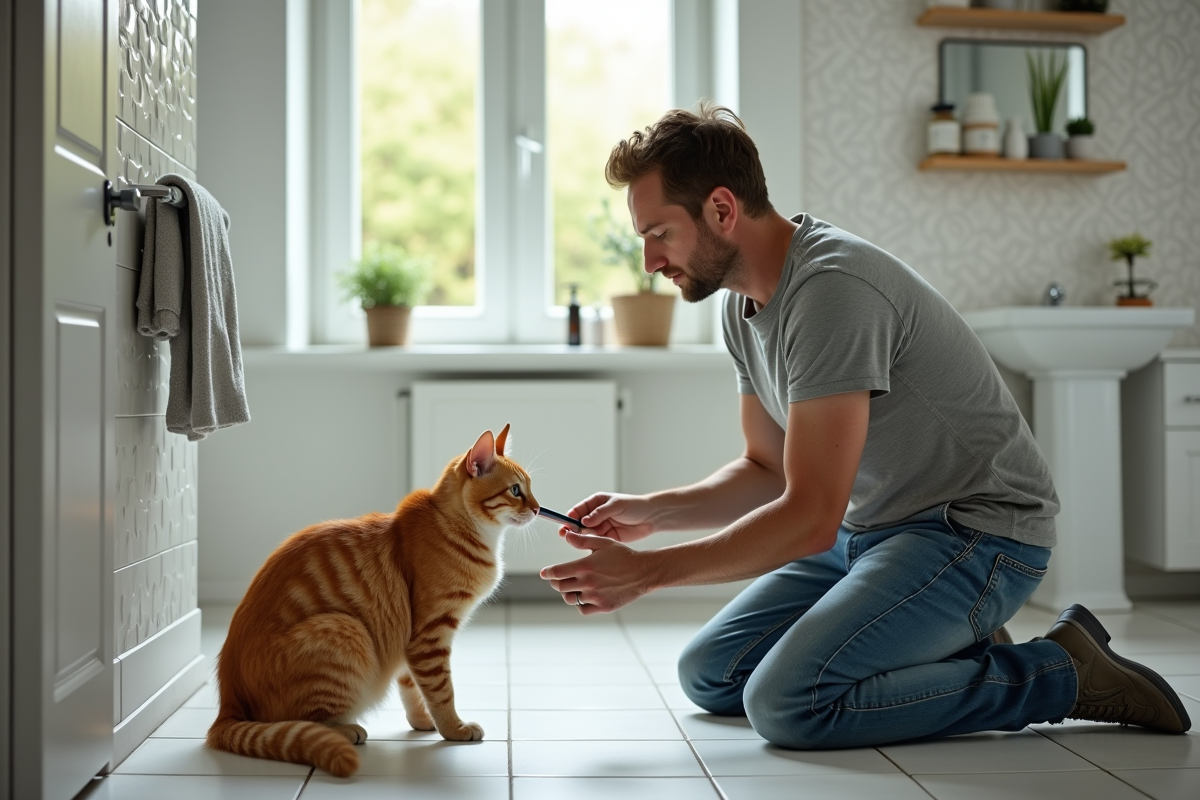 Homme soignant son chat dans une salle de bain lumineuse